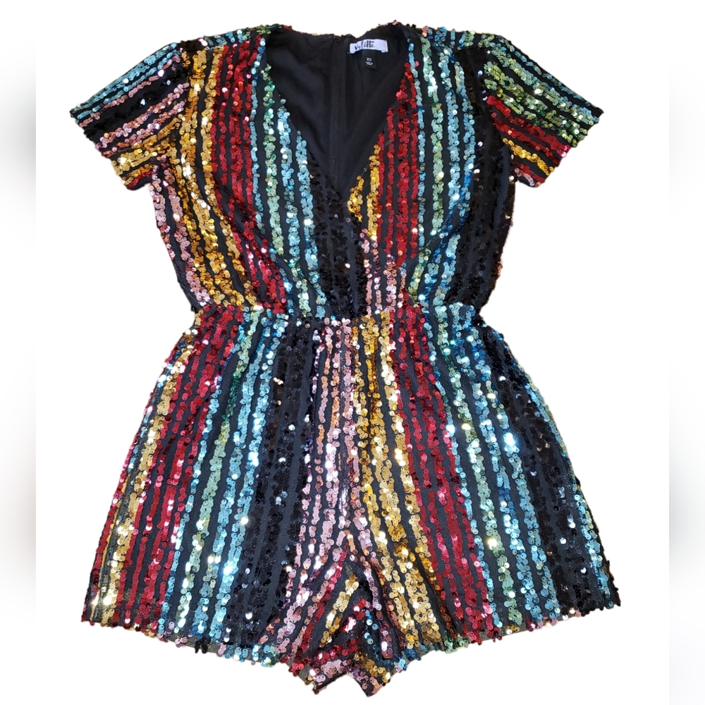 Vylette Rainbow Stripe Sequin Romper